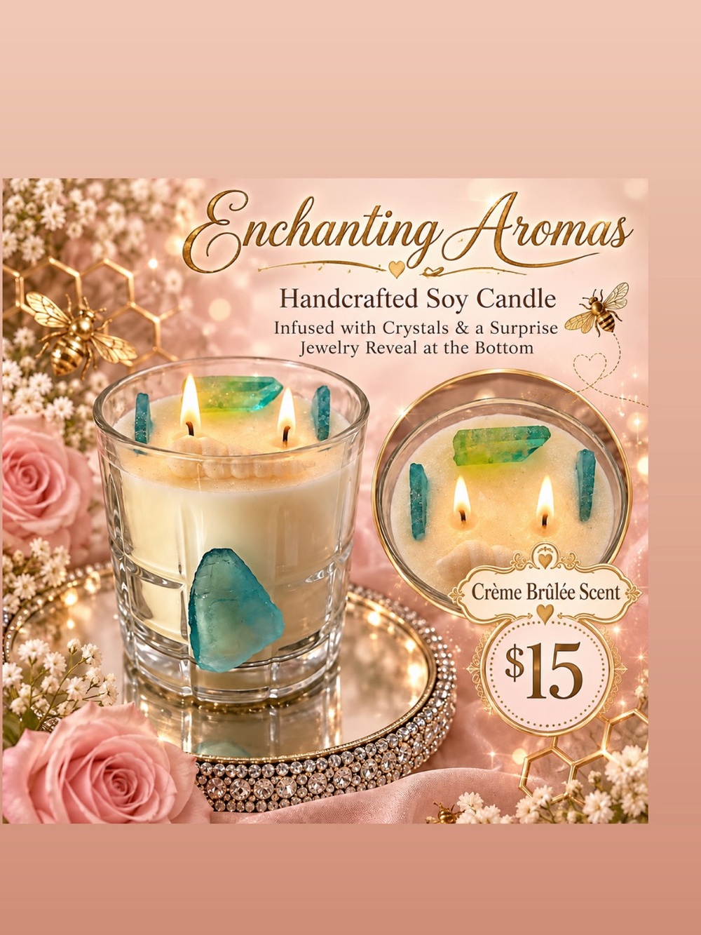 Crème Brûlée Soy Candle with Teal Crystal Accents